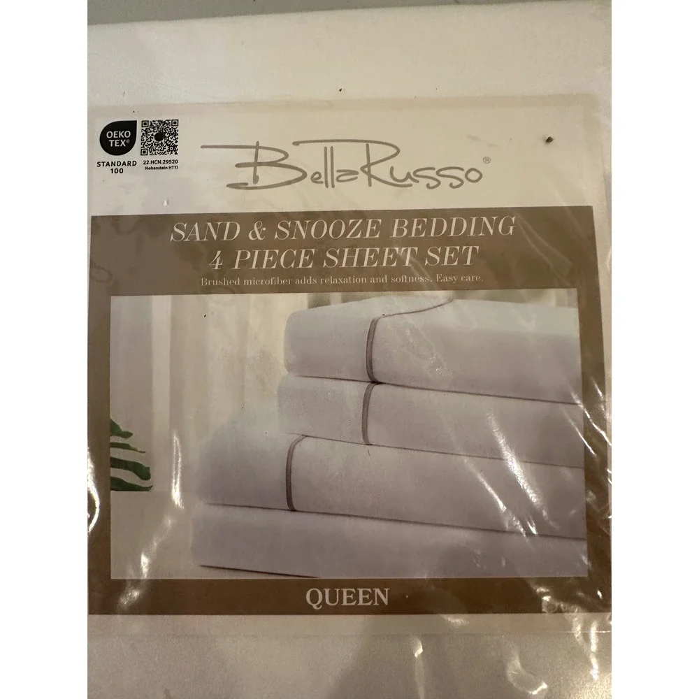 Bella Russo Sand & Snooze 4 Piece Sheet Set Queen White Brushed Microfiber NEW